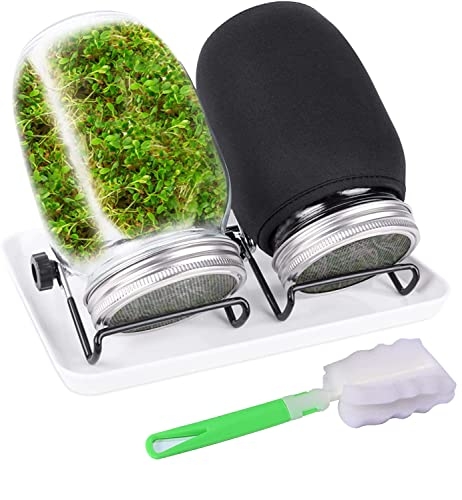 Complete Sprouting Jar Kit | 2 Wide Mouth Mason Jars with 316 Stainless Steel Sprout Lids | Blackout Sleeves, Tray, and Stand Included | Perfect for Broccoli, Alfalfa, and More