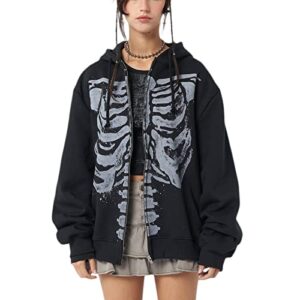 yuemengxuan womens y2k zipper hoodie long sleeve sweatshirt harajuku punk grunge tops oversized vintage streetwear, skeleton black, small