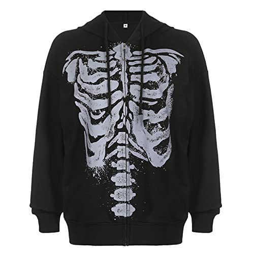 Yuemengxuan Womens Y2K Zipper Hoodie Long Sleeve Sweatshirt Harajuku Punk Grunge Tops Oversized Vintage Streetwear, Skeleton Black, Small