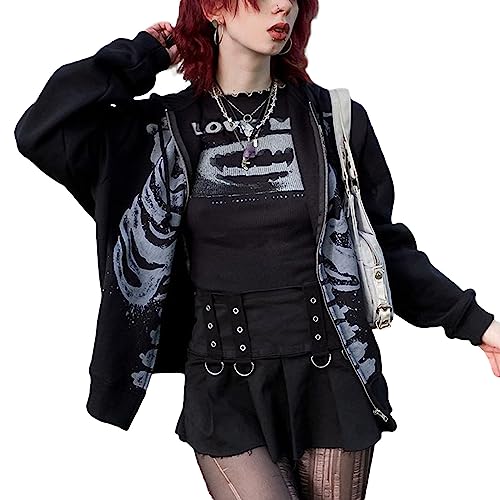 Yuemengxuan Womens Y2K Zipper Hoodie Long Sleeve Sweatshirt Harajuku Punk Grunge Tops Oversized Vintage Streetwear, Skeleton Black, Small