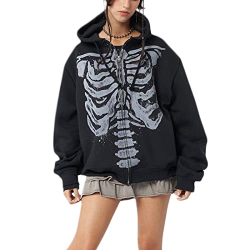 Yuemengxuan Womens Y2K Zipper Hoodie Long Sleeve Sweatshirt Harajuku Punk Grunge Tops Oversized Vintage Streetwear, Skeleton Black, Small