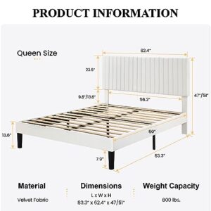 SHA CERLIN Queen Upholstered Platform Bed Frame with Vertical Channel Tufted Velvet Fabric Adjustable Headboard, Wooden Slats Support, Mattress Foundation, Box Spring Optional, White