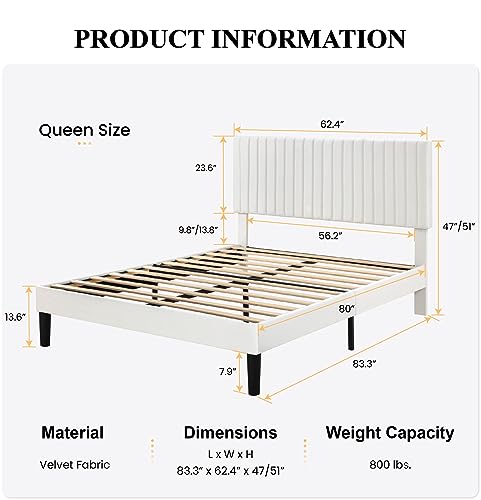 SHA CERLIN Queen Upholstered Platform Bed Frame with Vertical Channel Tufted Velvet Fabric Adjustable Headboard, Wooden Slats Support, Mattress Foundation, Box Spring Optional, White