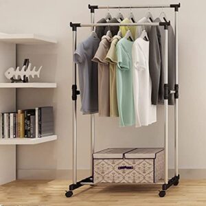 double pole portable clothing hanging garment rack laundry drying hanger with wheels (double pole) pole telescopic clothes | fordable single and stand for indoor outdoor.