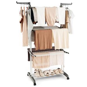 goflame 4-tier clothes drying rack, collapsible clothes horse rack with rotatable side wings and foldable shelves, freestanding garment dryer stand with casters for indoor and outdoor use