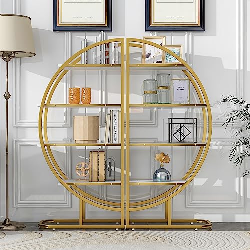 4-Tier Round Circle Bookcase, L Shaped Bookshelf, Modern Storage Shelf, Gold Metal Frame, Adjustable Foot Pads, White