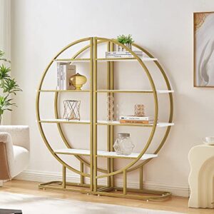 4-Tier Round Circle Bookcase, L Shaped Bookshelf, Modern Storage Shelf, Gold Metal Frame, Adjustable Foot Pads, White