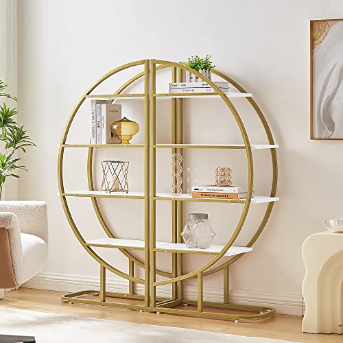 4-Tier Round Circle Bookcase, L Shaped Bookshelf, Modern Storage Shelf, Gold Metal Frame, Adjustable Foot Pads, White