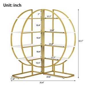 4-Tier Round Circle Bookcase, L Shaped Bookshelf, Modern Storage Shelf, Gold Metal Frame, Adjustable Foot Pads, White