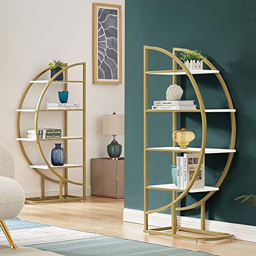 4-Tier Round Circle Bookcase, L Shaped Bookshelf, Modern Storage Shelf, Gold Metal Frame, Adjustable Foot Pads, White