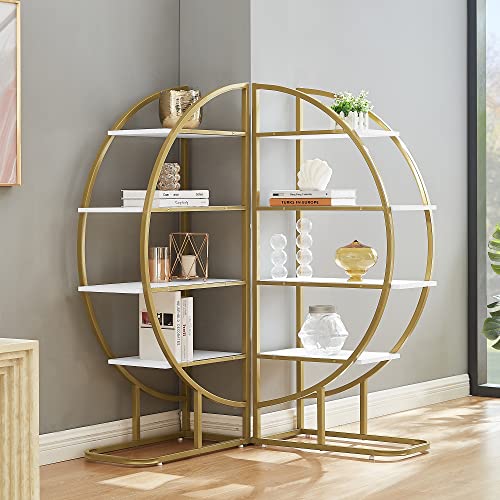 4-Tier Round Circle Bookcase, L Shaped Bookshelf, Modern Storage Shelf, Gold Metal Frame, Adjustable Foot Pads, White