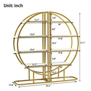 4-Tier Round Circle Bookcase, L Shaped Bookshelf, Modern Storage Shelf, Gold Metal Frame, Adjustable Foot Pads, White