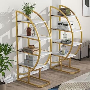 4-Tier Round Circle Bookcase, L Shaped Bookshelf, Modern Storage Shelf, Gold Metal Frame, Adjustable Foot Pads, White