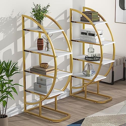 4-Tier Round Circle Bookcase, L Shaped Bookshelf, Modern Storage Shelf, Gold Metal Frame, Adjustable Foot Pads, White