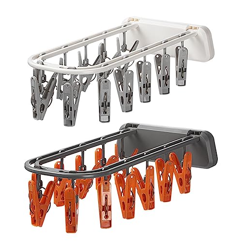 Clothes Drying Rack Multiple Clips Foldable Wall-Mounted Strong Load Bearing Windproof Hanger Drying Clip Household Supplies Valentine's Day/Mother's Day/Christmas/Birthday Gifts (White)