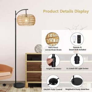ILLMTW Arc Floor Lamp with Remote Control,Rattan Floor Lamps for Living Room Bedroom with 3 Color Temperature Dimmable,Hemp Rope Wicker Standing Lamp Shade,Black Boho Farmhouse Adjustable Floor Light