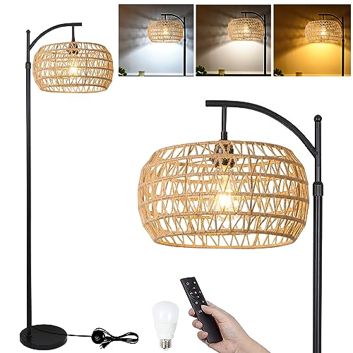 ILLMTW Arc Floor Lamp with Remote Control,Rattan Floor Lamps for Living Room Bedroom with 3 Color Temperature Dimmable,Hemp Rope Wicker Standing Lamp Shade,Black Boho Farmhouse Adjustable Floor Light