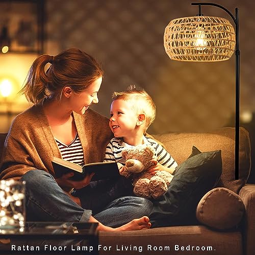 ILLMTW Arc Floor Lamp with Remote Control,Rattan Floor Lamps for Living Room Bedroom with 3 Color Temperature Dimmable,Hemp Rope Wicker Standing Lamp Shade,Black Boho Farmhouse Adjustable Floor Light