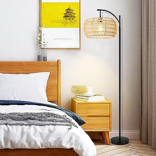 ILLMTW Arc Floor Lamp with Remote Control,Rattan Floor Lamps for Living Room Bedroom with 3 Color Temperature Dimmable,Hemp Rope Wicker Standing Lamp Shade,Black Boho Farmhouse Adjustable Floor Light