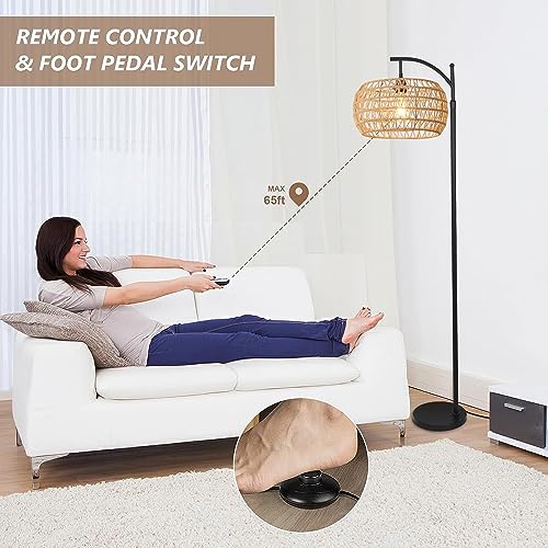 ILLMTW Arc Floor Lamp with Remote Control,Rattan Floor Lamps for Living Room Bedroom with 3 Color Temperature Dimmable,Hemp Rope Wicker Standing Lamp Shade,Black Boho Farmhouse Adjustable Floor Light