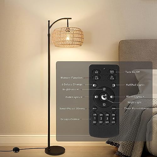 ILLMTW Arc Floor Lamp with Remote Control,Rattan Floor Lamps for Living Room Bedroom with 3 Color Temperature Dimmable,Hemp Rope Wicker Standing Lamp Shade,Black Boho Farmhouse Adjustable Floor Light