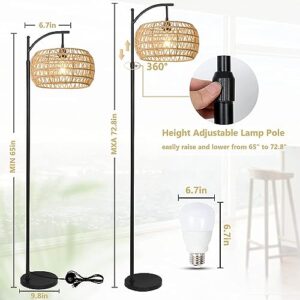 ILLMTW Arc Floor Lamp with Remote Control,Rattan Floor Lamps for Living Room Bedroom with 3 Color Temperature Dimmable,Hemp Rope Wicker Standing Lamp Shade,Black Boho Farmhouse Adjustable Floor Light