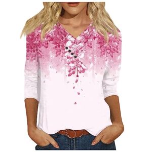 3/4 length sleeve womens tops plus size tops for women shirts for women custom t shirts blouses & button-down shirts fashion floral printed v-neck button decorative tee,pink,xxl