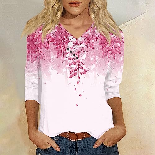 3/4 Length Sleeve Womens Tops Plus Size Tops for Women Shirts for Women Custom T Shirts Blouses & Button-Down Shirts Fashion Floral Printed V-Neck Button Decorative Tee,Pink,XXL