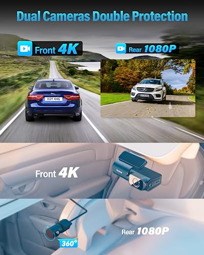Dash Cam Front and Rear 4K, Built-in 5GHz WiFi GPS Speed, Voice Control, Free 64GB SD Card, Dual Dash Camera for Cars, Superb Night Vision, Super-Capacitor, 24Hrs Parking Monitor, WDR, Type C