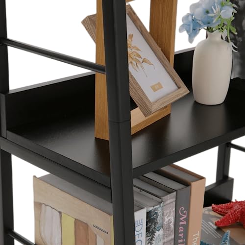 Himimi Industrial Bookshelf,Ladder Shelf 5 Tier Narrow Bookcases Floor Freestanding Storage Rack Leaning Book Shelves,Plants Flower Stands with Metal Frame for Living Room, Home Office,Bedroom, Black