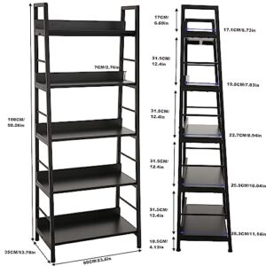 Himimi Industrial Bookshelf,Ladder Shelf 5 Tier Narrow Bookcases Floor Freestanding Storage Rack Leaning Book Shelves,Plants Flower Stands with Metal Frame for Living Room, Home Office,Bedroom, Black