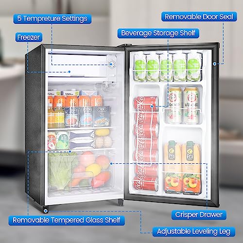 WANAI Mini Fridge with Freezer, 3.2Cu.Ft, Single Door Small Refrigerator, Energy-efficient, Low Noise, Mini fridge for Bedroom Dorm and Office, Black