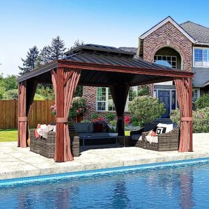 mupater 10' x 12' gazebo, wooden finish coated aluminum frame, with double galvanized steel hardtop roof, netting and curtains for garden, patio, lawn and parties