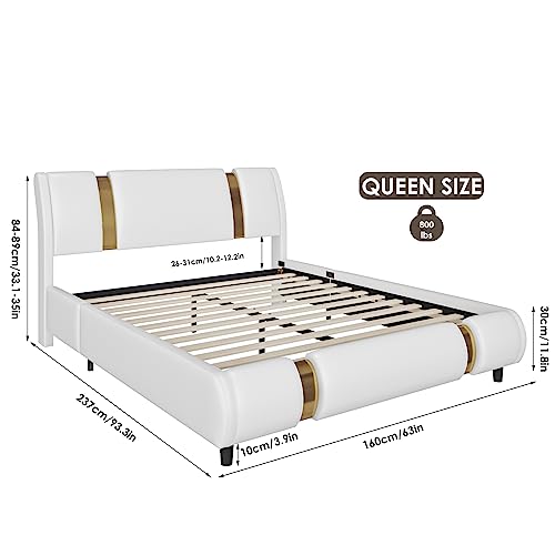 TTVIEW Modern Faux Leather Upholstered Platform Bed Frame with Golden Iron Metal Decor, Adjustable Curved Headboard, Wooden Slats Support, No Box Spring Needed, Queen Size, White