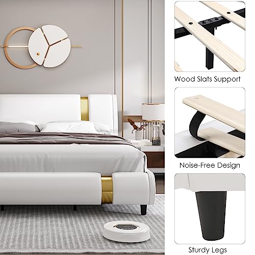 TTVIEW Modern Faux Leather Upholstered Platform Bed Frame with Golden Iron Metal Decor, Adjustable Curved Headboard, Wooden Slats Support, No Box Spring Needed, Queen Size, White