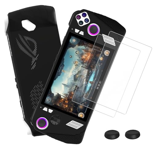 PAKESI Silicone Case for ASUS ROG Ally 2023 Release,Handheld Game Console Cover Protector Case with 2 Thumb Grip Caps and 2 Pack Screen Protectors - Enhance Your Gaming Experience(Black)