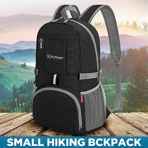 ZOMAKE Lightweight Packable Backpack 25L - Small Foldable Hiking Daypack for Travel - Tear Resistant Day pack for Women Men Camping Outdoor Sports(Black)