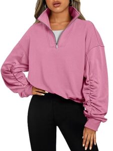 trendy queen half zip pullover womens sweatshirts cropped hoodies quarter zip long sleeve fall outfits fashion clothes 2023 pink