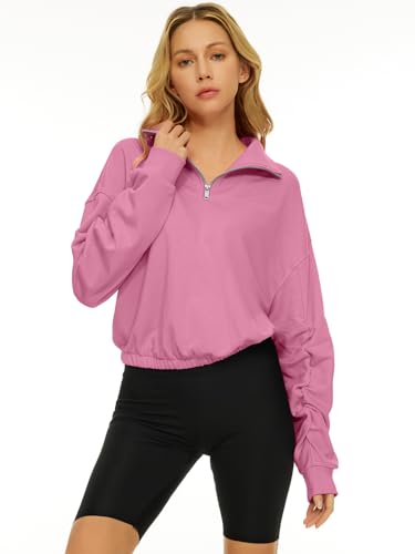 Trendy Queen Half Zip Pullover Womens Sweatshirts Cropped Hoodies Quarter Zip Long Sleeve Fall Outfits Fashion Clothes 2023 Pink