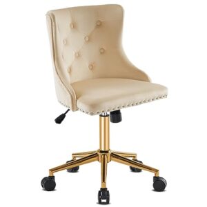 VINGLI Beige Velvet Armless Home Office Desk Chair with Gold Base/Wheels, Small Cute Vanity/Makeup Chair with Back for Bedroom, Upholstered Adjustable Rolling Swivel Nail Chair for Women/Girls