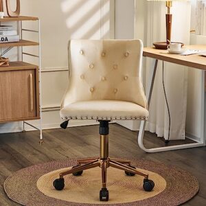 VINGLI Beige Velvet Armless Home Office Desk Chair with Gold Base/Wheels, Small Cute Vanity/Makeup Chair with Back for Bedroom, Upholstered Adjustable Rolling Swivel Nail Chair for Women/Girls