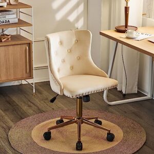 vingli beige velvet armless home office desk chair with gold base/wheels, small cute vanity/makeup chair with back for bedroom, upholstered adjustable rolling swivel nail chair for women/girls