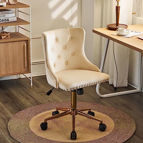 VINGLI Beige Velvet Armless Home Office Desk Chair with Gold Base/Wheels, Small Cute Vanity/Makeup Chair with Back for Bedroom, Upholstered Adjustable Rolling Swivel Nail Chair for Women/Girls