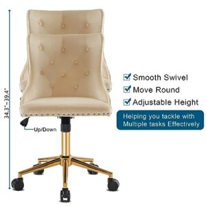 VINGLI Beige Velvet Armless Home Office Desk Chair with Gold Base/Wheels, Small Cute Vanity/Makeup Chair with Back for Bedroom, Upholstered Adjustable Rolling Swivel Nail Chair for Women/Girls