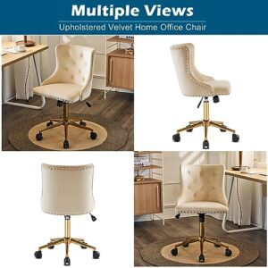 VINGLI Beige Velvet Armless Home Office Desk Chair with Gold Base/Wheels, Small Cute Vanity/Makeup Chair with Back for Bedroom, Upholstered Adjustable Rolling Swivel Nail Chair for Women/Girls