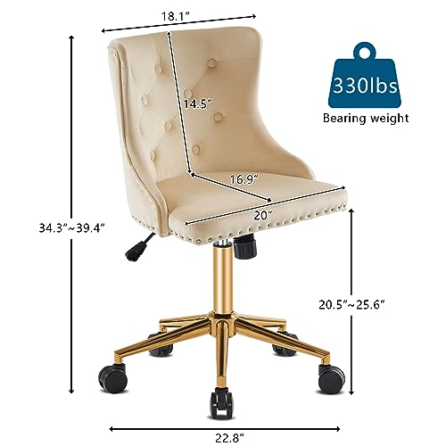 VINGLI Beige Velvet Armless Home Office Desk Chair with Gold Base/Wheels, Small Cute Vanity/Makeup Chair with Back for Bedroom, Upholstered Adjustable Rolling Swivel Nail Chair for Women/Girls