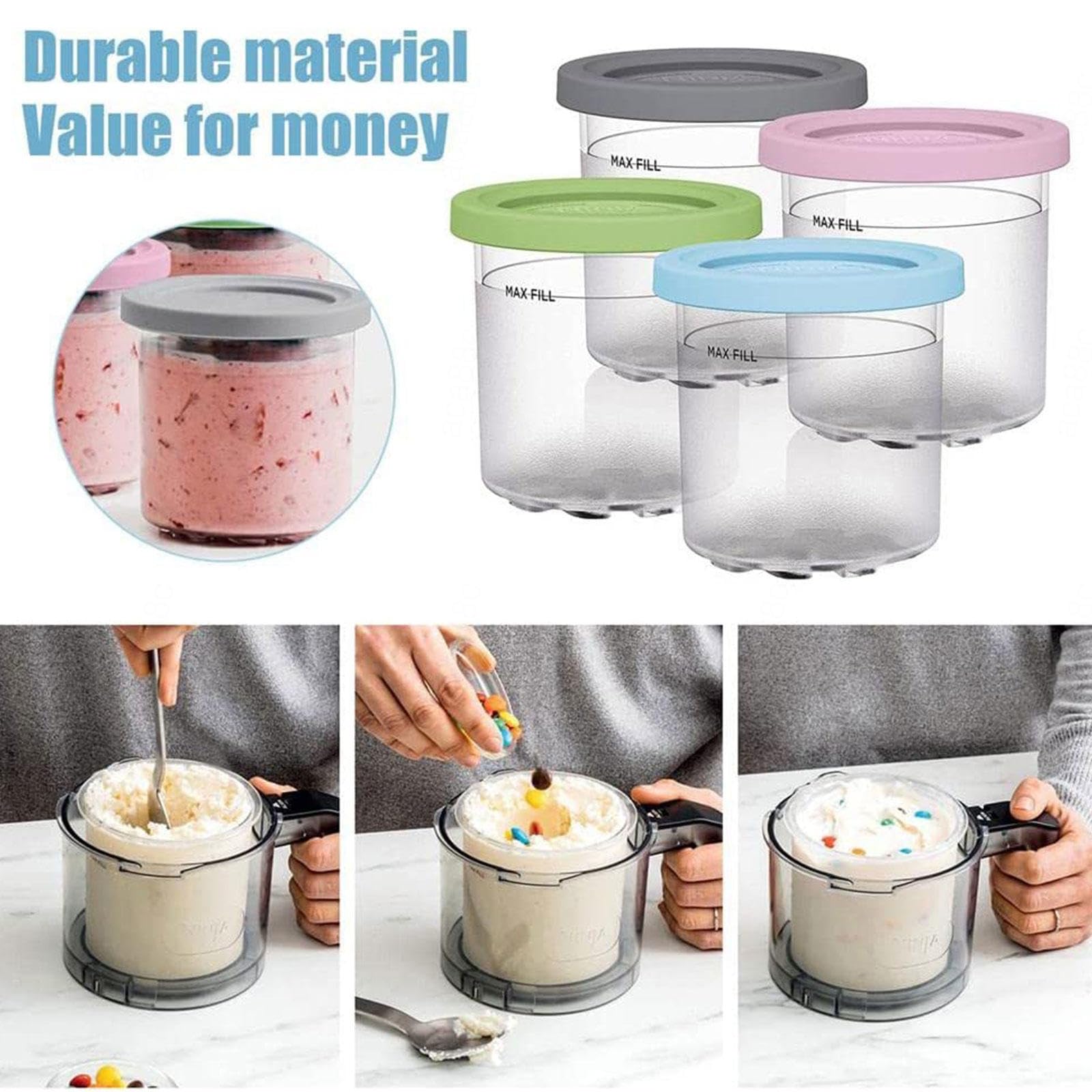 VRINO 2/4/6PCS Creami Deluxe Pints, for Ninja Creami Deluxe Containers,16 OZ Ice Cream Storage Containers Safe and Leak Proof Compatible with NC299AMZ,NC300s Series Ice Cream Makers,Pink+Blue-2PCS