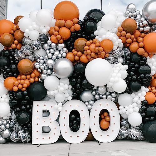 Bonropin 160Pcs Halloween Balloon Garland Arch kit with Black White Orange Silver Agate Balloons for Halloween Day Party Background Decorations