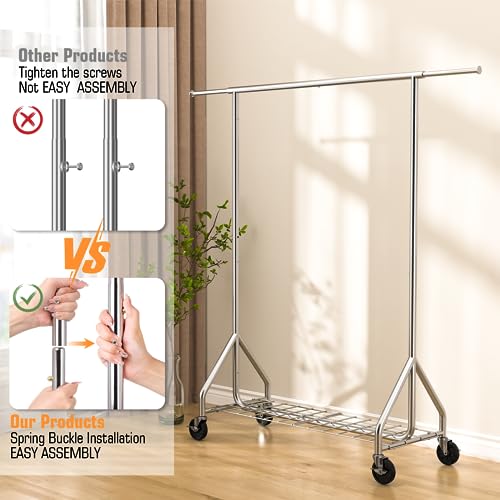 HYSEYY Clothes Rack, Heavy Duty Clothes Rack Load 450 LBS, Standing Clothing Rack with Shelves & Wheels, Garment Racks for Hanging Clothes Adjustable Collapsible Rolling Clothes