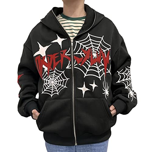 Megecaggfy Womens Men Y2k Full Zip Up Hoodie Vintage Graphic Oversized Sweatshirt Fashion Jacket Streetwear (Black 2, M)